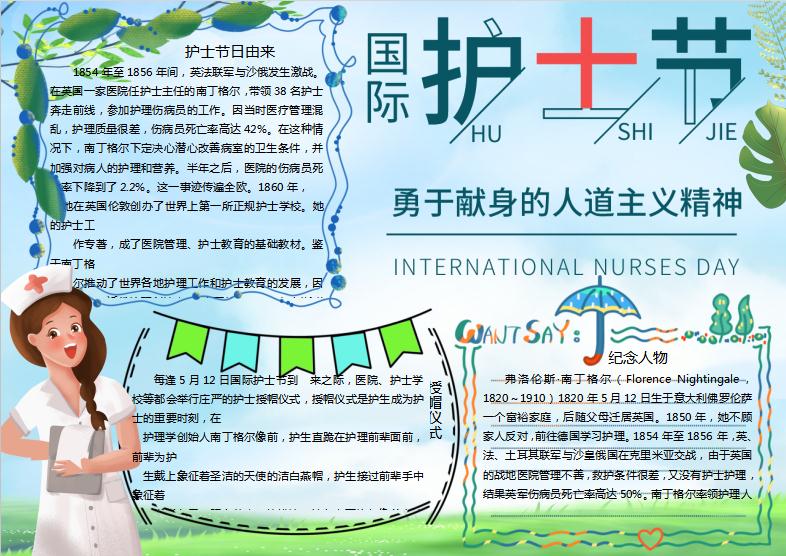 清新國際護(hù)士節(jié)手抄報Word模板
