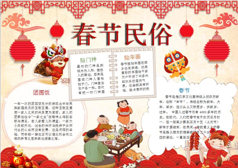 卡通春節(jié)民俗習俗小報手抄報Word模板
