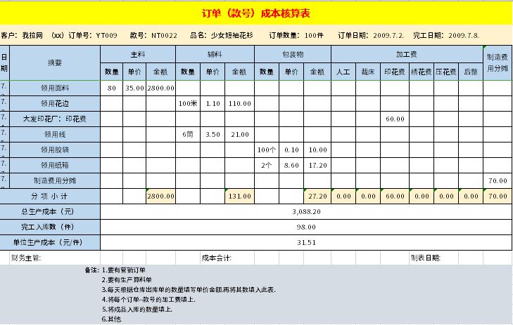 藍(lán)色系訂單成本核算表excel模板