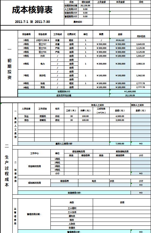 簡(jiǎn)約成本核算表excel模板